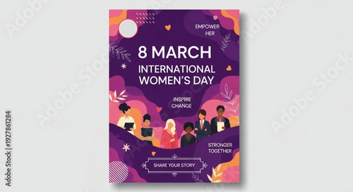 International women's day poster with diverse group celebrating empowerment and equality on march 8th