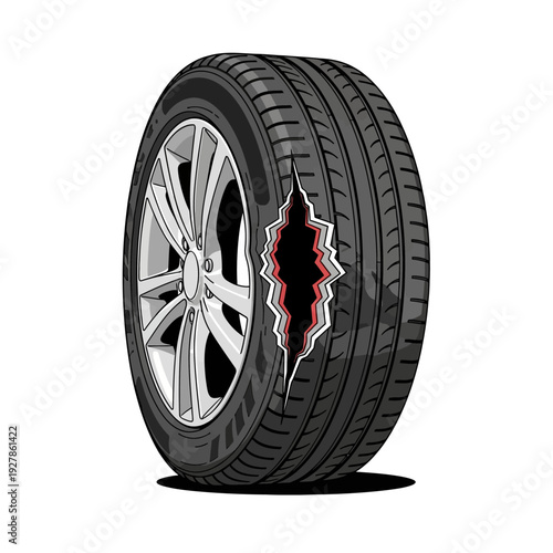 Illustration of a damaged car tire and wheel with a large tear and red interior