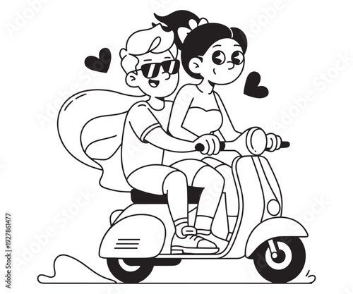 Young happy couple riding vintage motor scooter together with hearts and wind cape