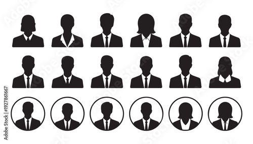 Set of male and female user avatars. silhouette portraits of people in business suits