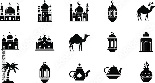 Traditional symbols and items representing middle eastern and islamic culture