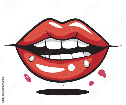 Cartoon illustration of a woman's mouth with red lips and lip piercings
