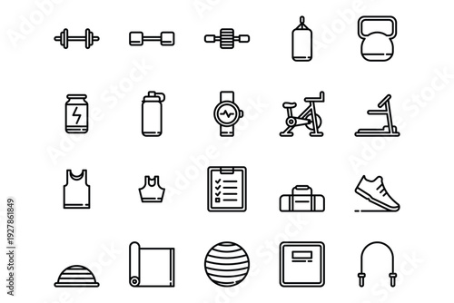 Collection of black line fitness and gym equipment