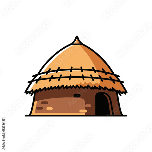 Traditional thatched roof hut illustration with a curved doorway and simple stone construction