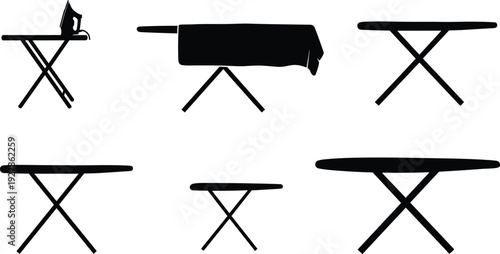 Ironing board silhouette set with household laundry equipment icons, black vector illustration of foldable ironing table isolated on light background