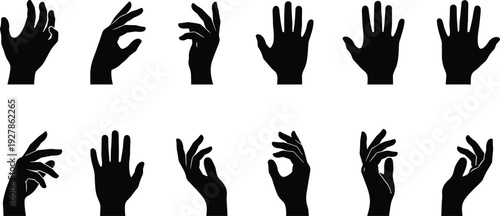Hand gesture silhouette set with expressive finger poses, black vector collection of human palm signs isolated on light background for design and communication concepts