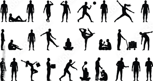 Large collection of human silhouette poses set isolated on white background vector illustration featuring men women activities gestures sports yoga work and daily life