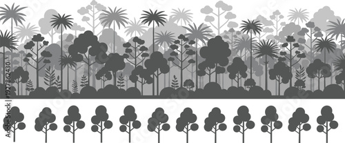 Layered forest landscape with tree silhouettes panorama isolated on white background vector illustration featuring dense woodland nature scene and individual tree icon set