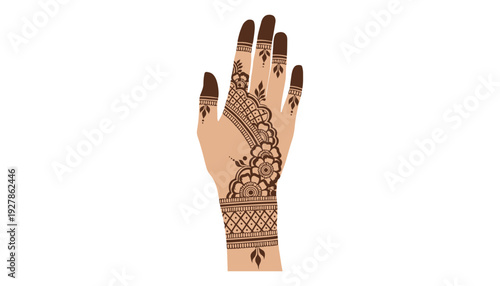A hand decorated with intricate henna mehndi patterns on a white background.