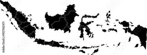 Indonesia Black Silhouette Map Vector with Provincial Borders Isolated on White Background Design Template