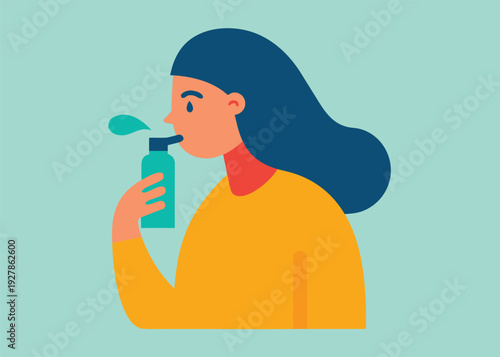 A minimalist vector illustration depicts a woman holding a green bottle and administering a nasal spray or inhaler.