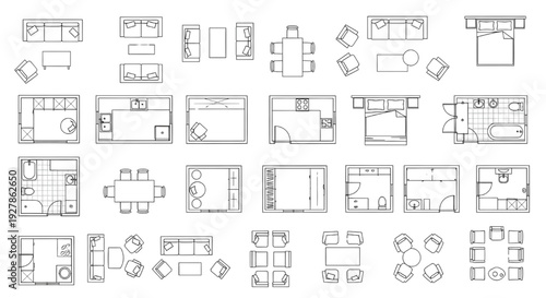 Furniture Outline Top View Icons Set for Floor Plan and Interior Design Layout | set of vector icons of houses