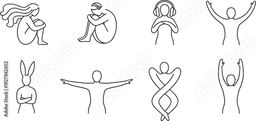 Minimal line art human icon set featuring meditation headphones stretching abstract poses and bunny character isolated on white background vector illustration