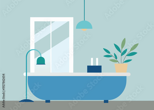 A modern bathroom interior showcases a blue bathtub positioned near a large window, complemented by a floor lamp and potted plant.