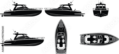 Luxury motor yacht silhouette set with side, front and top views, detailed black vector speedboat illustration for marine transport and nautical design projects