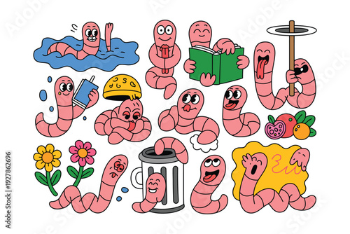 Worm cartoon characters in various fun and playful activities illustration