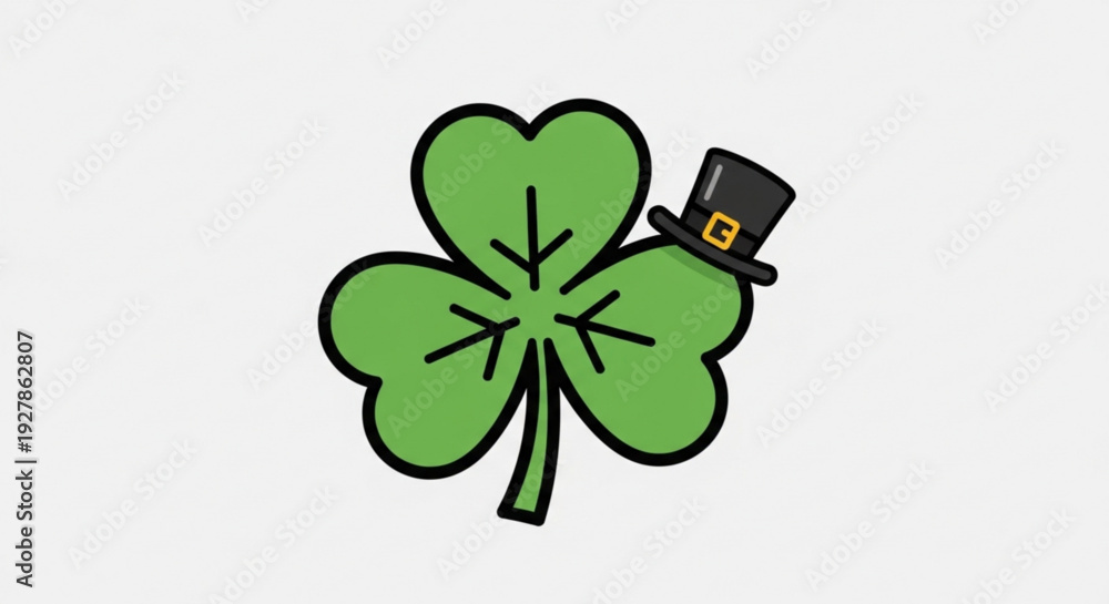 Fototapeta premium Lucky four leaf clover wearing a black top hat with gold buckle on white background for st patrick's day