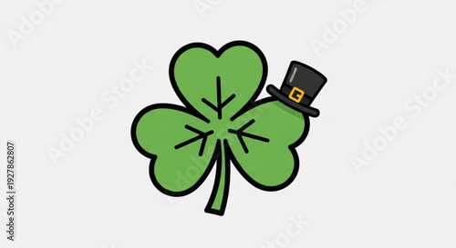 Lucky four leaf clover wearing a black top hat with gold buckle on white background for st patrick's day