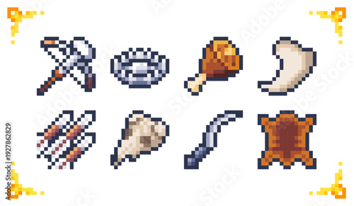 A set of pixel art hunting icons: crossbow, trap, bolts, skull, pelt, ham, fang, and dagger. 8-bit survival assets for RPG inventory, crafting systems, and loot drops.