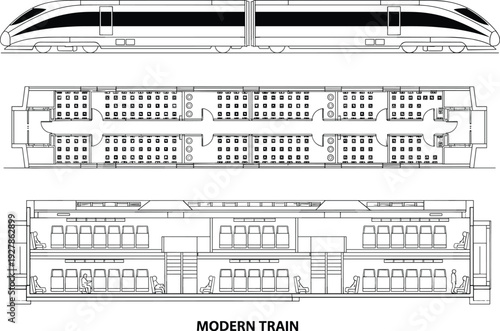 Modern high speed train blueprint with side elevation, top layout and interior cross section, detailed technical vector illustration of passenger railway carriage design
