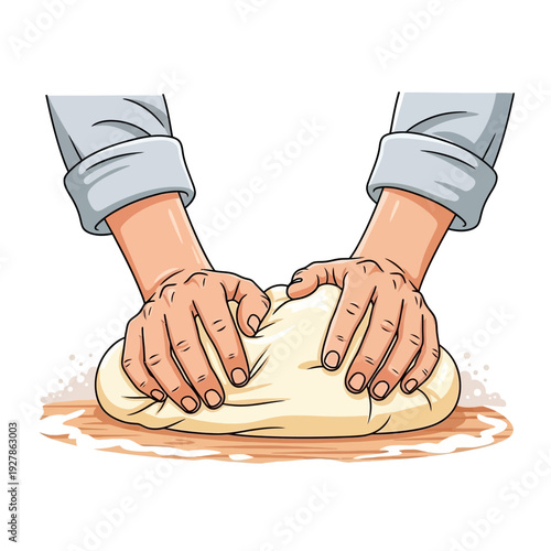 Hands kneading dough on a wooden surface demonstrating a baking or cooking process