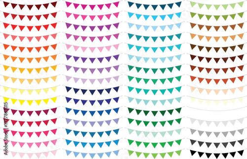 Colorful triangular bunting flags in multiple rows and colors