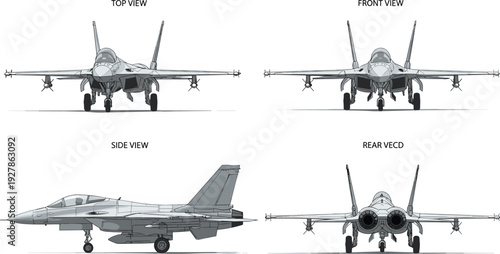 Modern military fighter jet blueprint with top front side and rear views, detailed technical aircraft drawing, combat airplane vector illustration isolated on white background