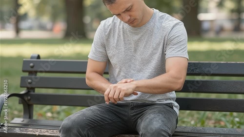Young Caucasian Male in Casual Shirt Checking Wrist on Park Bench