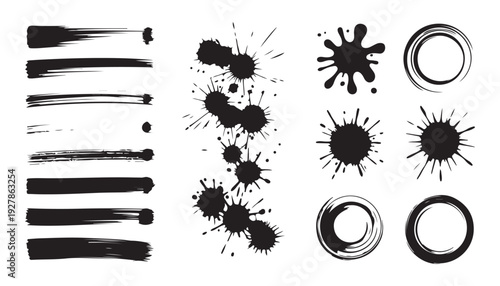 Abstract artistic black ink paint brushes strokes blots splashes and grunge circles collection set