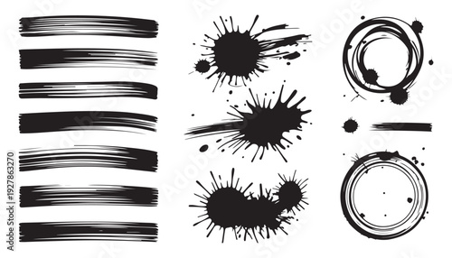 Ink splatter and brush stroke set featuring round blotches and long horizontal paint textures vector