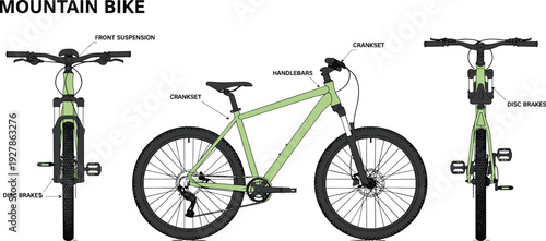 Mountain bike technical illustration with labeled parts including crankset, handlebars, front suspension and disc brakes, detailed vector diagram isolated on white background