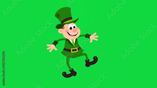 A dancing cartoon leprechaun on green screen for chroma key animation in st patrick's day videos
