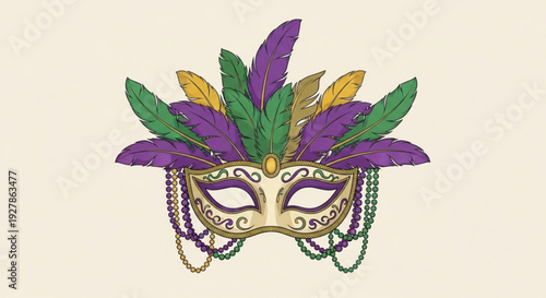 Vibrant mardi gras mask with purple green and gold feathers and beads on a beige background