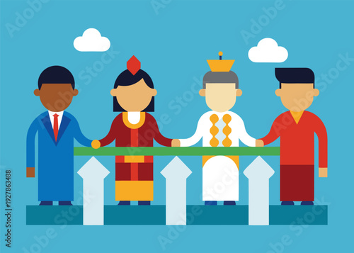 Four multicultural business partners stand united on platforms with upward arrows, holding hands over a horizontal bar, symbolizing progress.