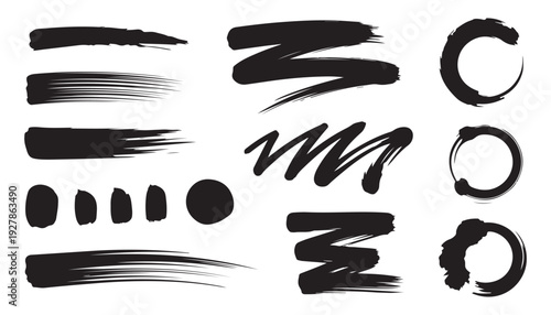 Zigzag paint lines and thick brush strokes assortment including round ink dots and circular elements