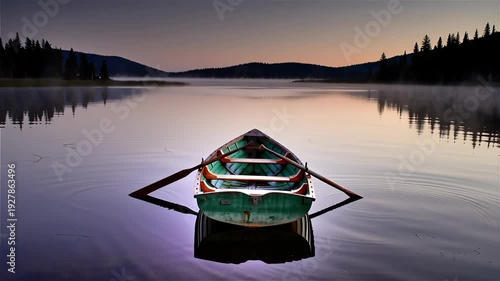 Tranquil Canoe on Serene Lake at Dusk