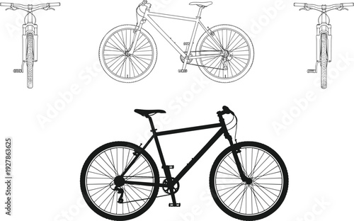 Mountain bike vector outline and silhouette illustration set, front and side views of bicycle isolated on white background detailed cycling design