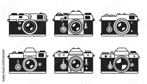 Set of six vintage film cameras isolated on a white background design element for photography art