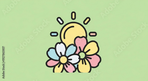 Colorful cartoon flowers bloom under a bright sunny sky with vibrant petals and green background