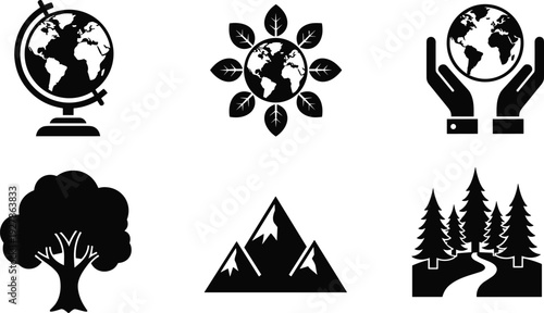 Environment and nature icons set with earth globe tree mountains forest and eco protection symbols black white vector illustration
