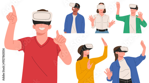 Flat vector illustration set of people using VR or virtual reality headsets. Concept of metaverse, augmented reality, gaming, innovation, and future technology for apps, websites, and marketing.