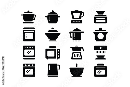 Kitchen appliance icons in black silhouette on a gray background