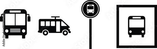Public bus transport icon set with city transit vehicle bus stop sign and terminal station symbols for urban commute vector illustration