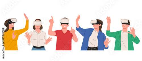 Flat vector illustration set of people using VR or virtual reality headsets. Concept of metaverse, augmented reality, gaming, innovation, and future technology for apps, websites, and marketing