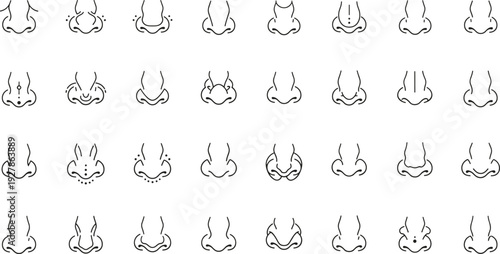 Nose line icon collection with different shapes and medical symbols, minimal outline vector set isolated on white background for cosmetic and healthcare design