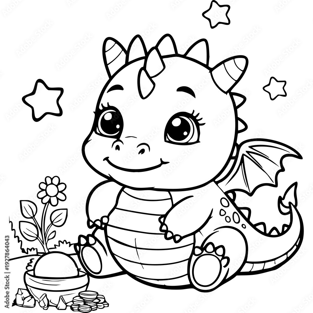 Fototapeta premium Smiling Baby Dragon with Coins and Magic Orb Coloring Page
