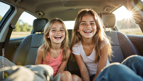 Joyful Sisters on Summer Road Trip – Smiling Children in Car Backseat for Family Vacation Blogs and Childhood Memory Concepts