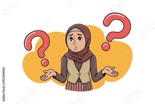 A confused woman wearing a hijab and standing in front of question marks