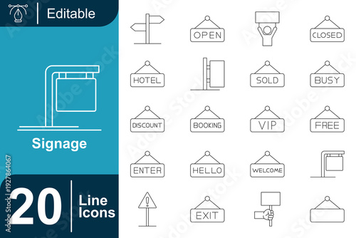 Collection of 20 editable line icons representing various signage types including open, closed, hotel, discount, and exit signs, perfect for digital and print design projects
