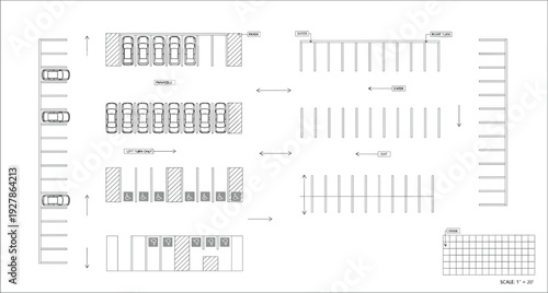Parking lot layout top view blueprint with marked spaces, traffic arrows and accessible parking zones, vector architectural plan isolated on white background